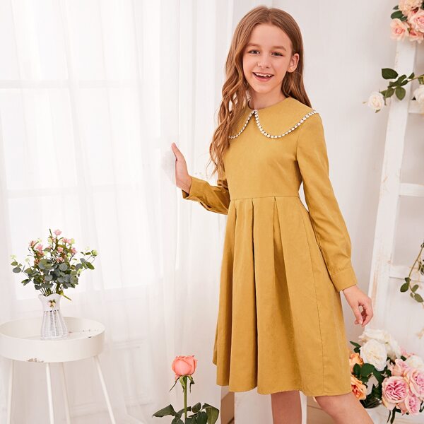 

Girls Peter Pan Collar Boxy Pleated Dress, Mustard yellow