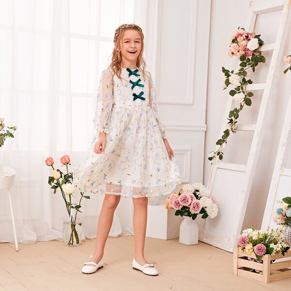 

Girls Appliques Detail Embroidery Mesh Flare Dress, White