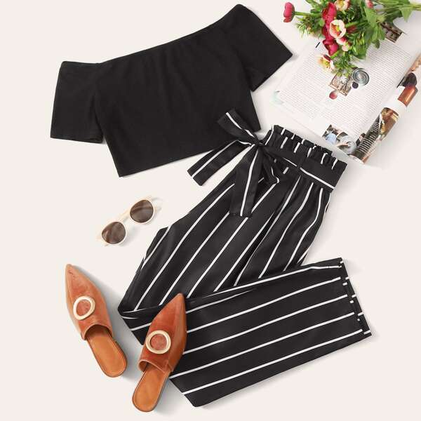 

Rib-knit Crop Bardot Top & Paperbag Waist Striped Belted Pants Set, Black