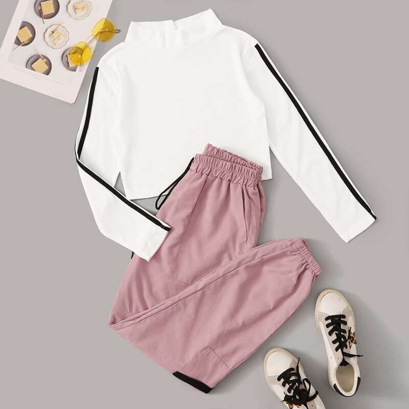 

Contrast Panel Top & Drawstring Waist Sweatpants Set, Multicolor