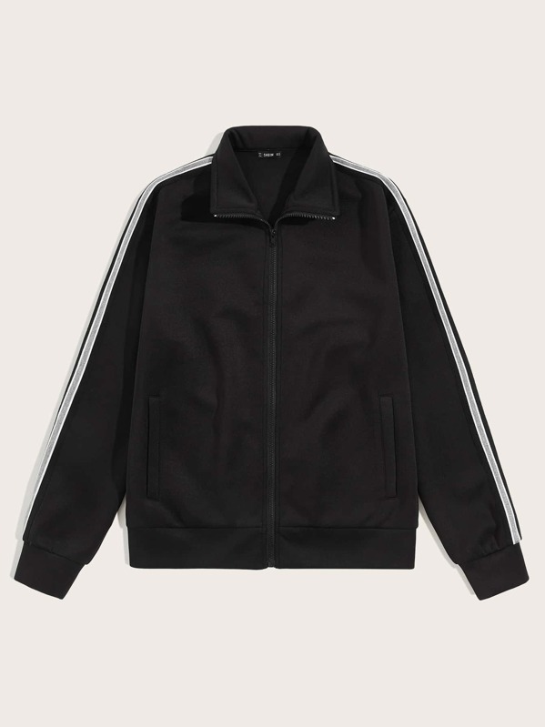 

Men Zip Up Striped Tape Side Jacket, Black