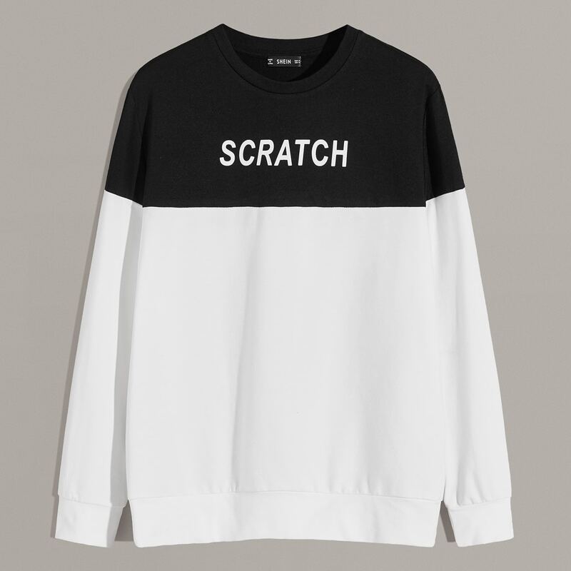 

Guys Letter Print Two Tone Pullover, Black and white