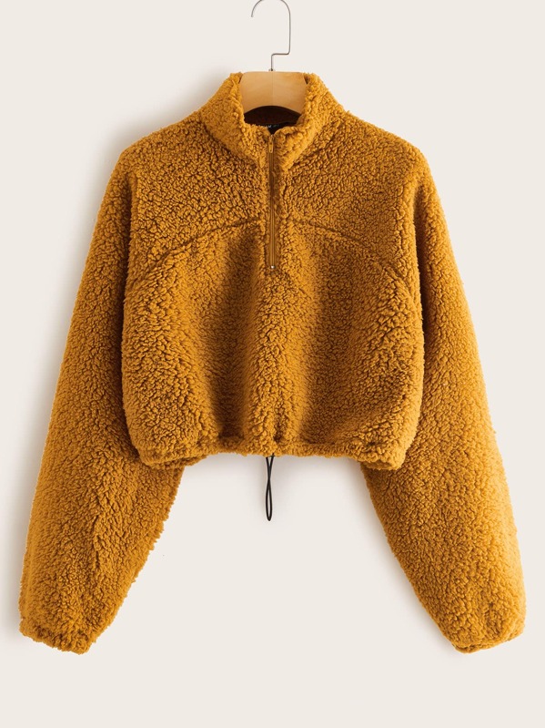 

Zip Half Placket Drawstring Hem Teddy Pullover, Yellow