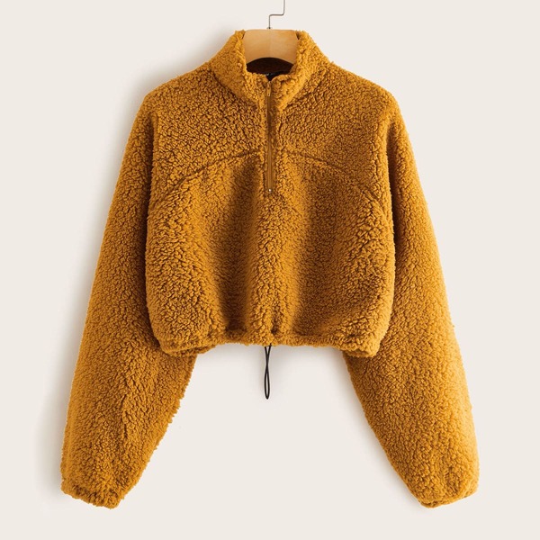 

Zip Half Placket Drawstring Hem Teddy Pullover, Yellow