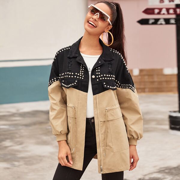 

Studded Two Tone Drawstring Coat, Multicolor