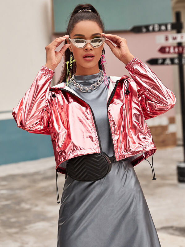 

Zipper Drawstring Hem Metallic Crop Jacket, Pink
