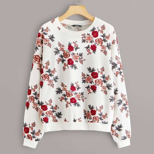 

Drop Shoulder Floral Print Pullover, White