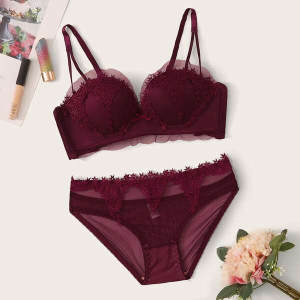 

Contrast Mesh Floral Lace Lingerie Set, Burgundy
