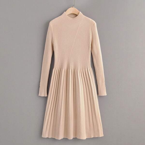 

Solid Pleated Hem Sweater Dress, Beige
