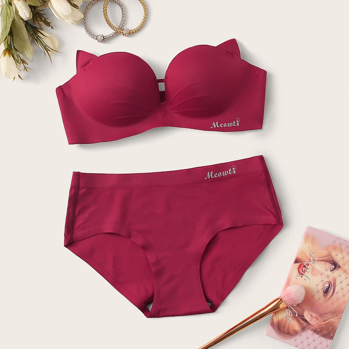 

Cat Ear Adjustable Strap Lingerie Set, Red