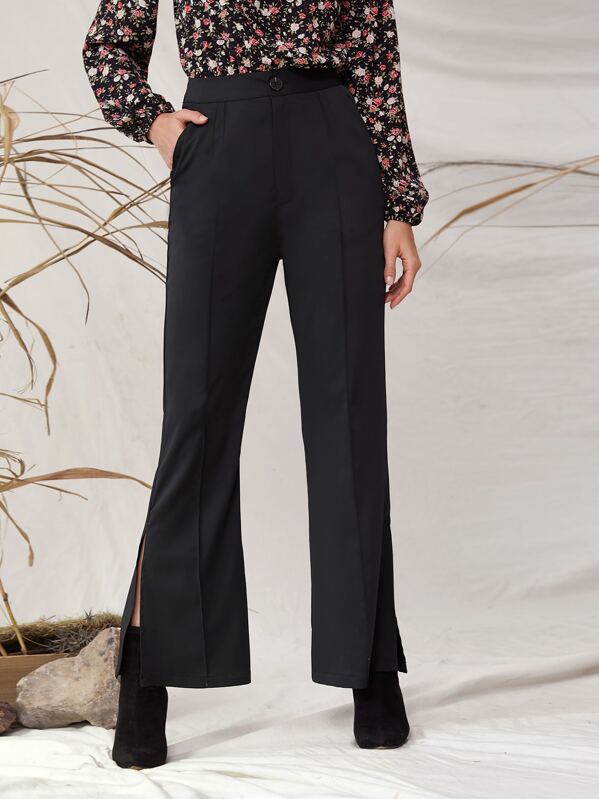 

Solid Side Split Flare Leg Pants, Black, Dayannne