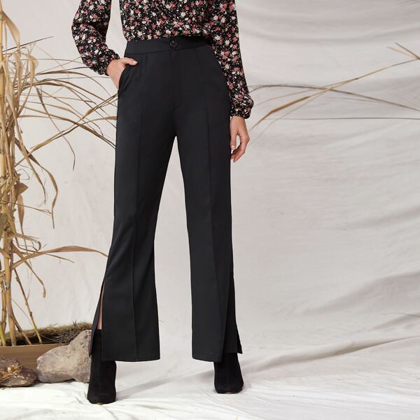 

Solid Side Split Flare Leg Pants, Black