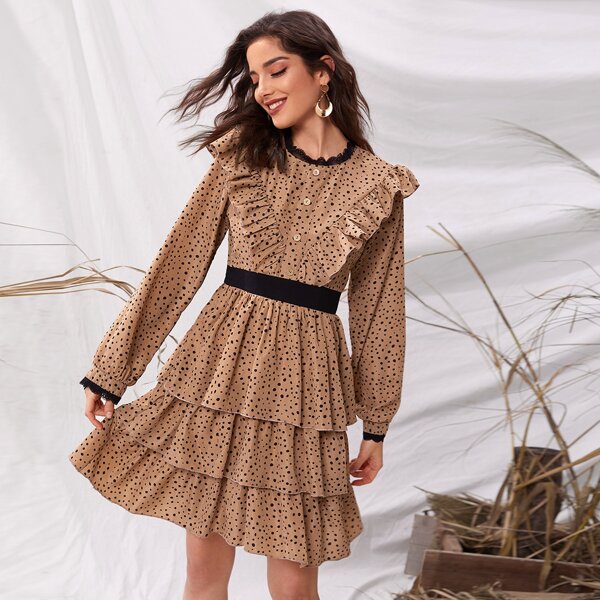 

Polka Dot Ruffle Trim Layered Hem Dress, Multicolor