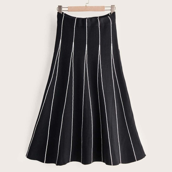 

Vertical Striped Flare Hem Sweater Skirt, Black