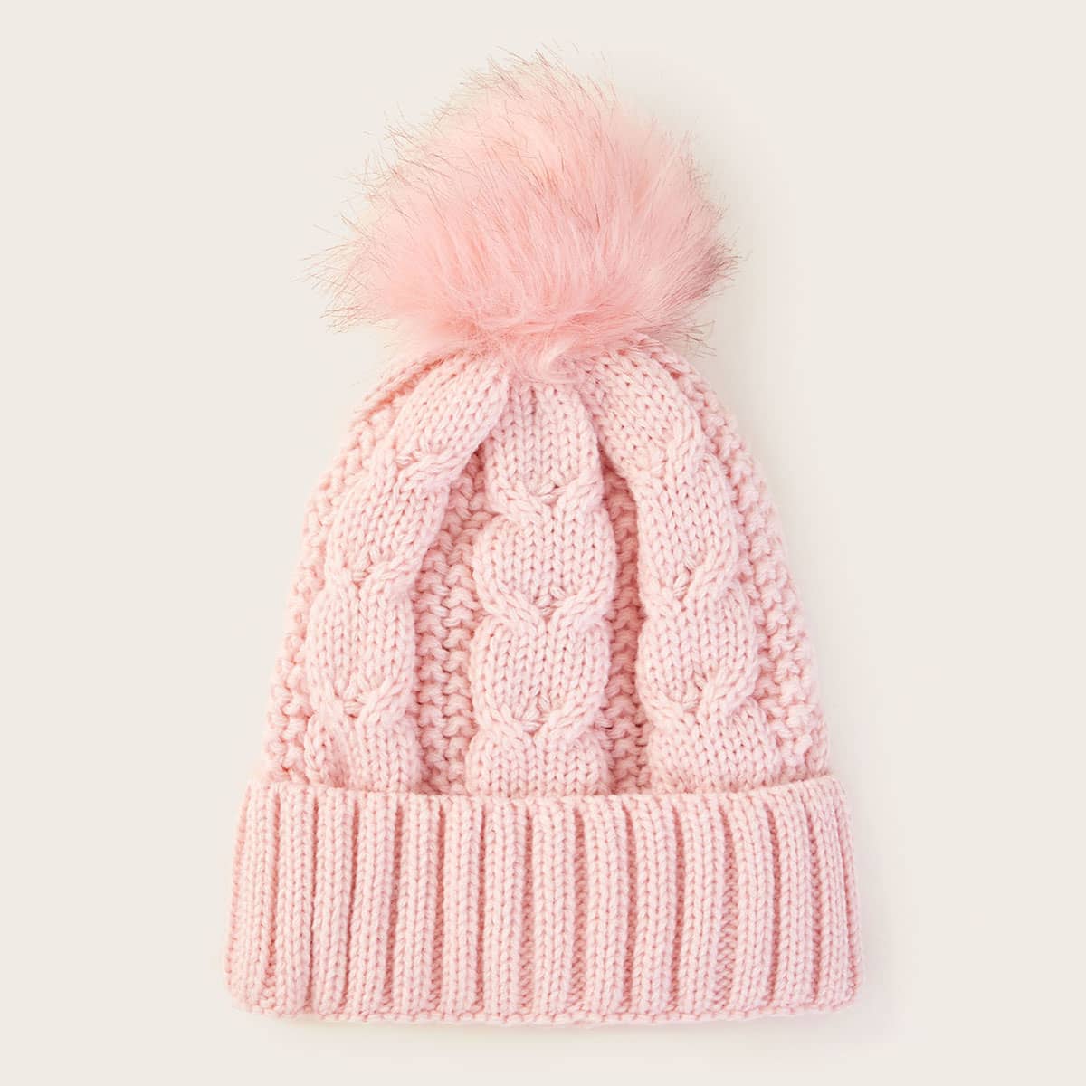 

Pom Pom Decor Braided Knit Beanie, Pink