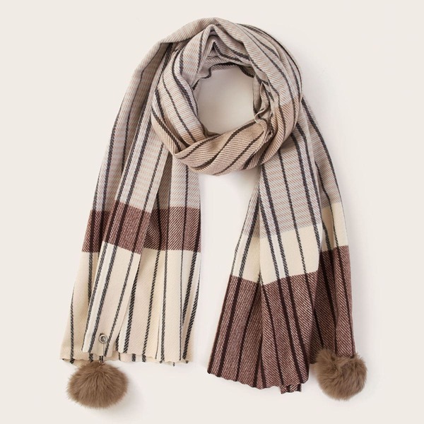 

Striped Fluffy Pom Pom Hem Scarf, Multicolor