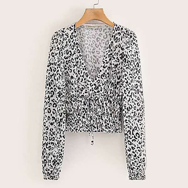 

Leopard Print Plunging Neck Drawstring Waist Blouse, Black and white