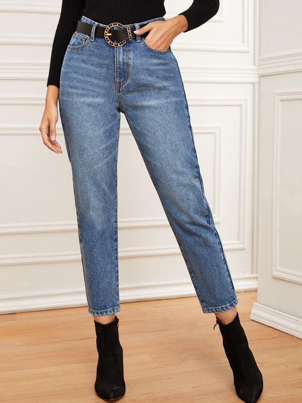 

Solid Cat Whiskers Mom Jeans Without Belt, Blue, Giulia