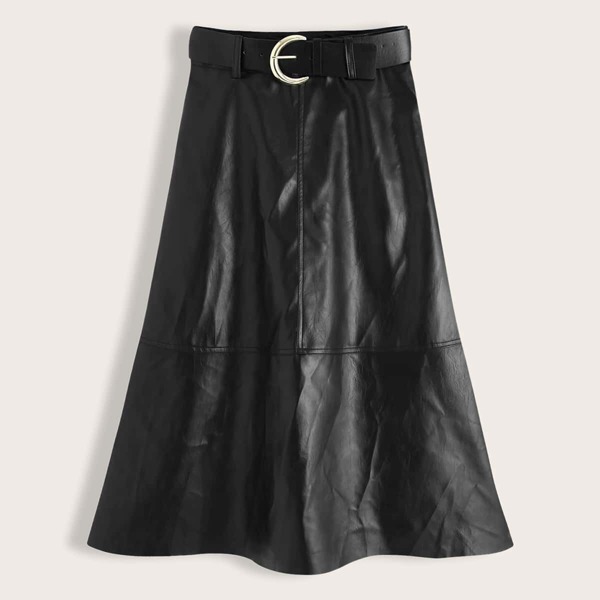 

Solid Belted Pu Leather A-line Skirt, Black