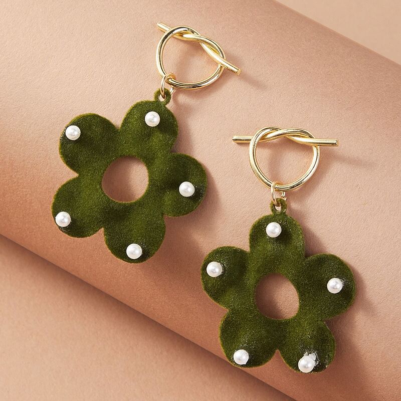 

1pair Faux Pearl Decor Flower Drop Earrings, Green