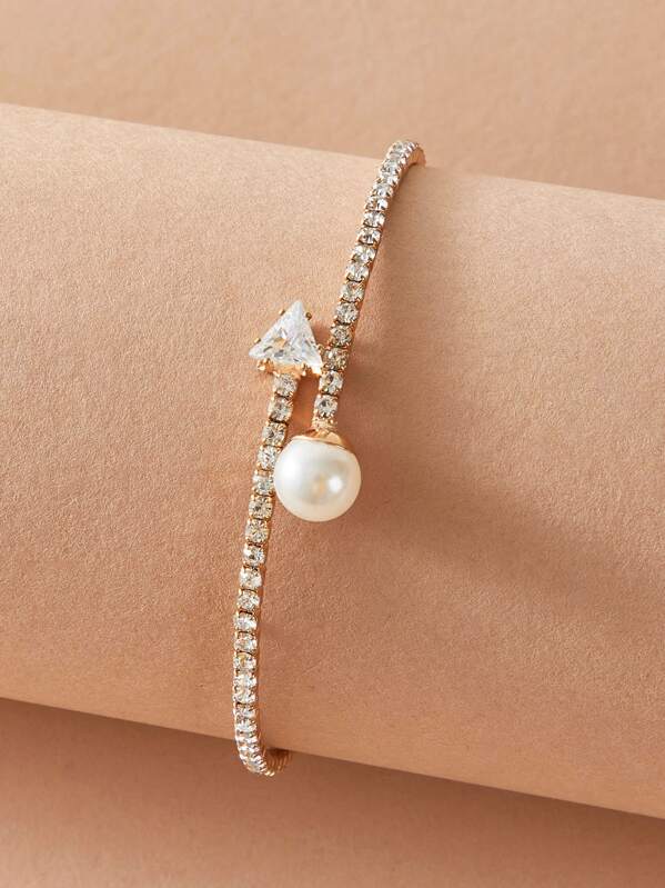 

1pc Faux Pearl Decor Rhinestone Engraved Bracelet, Gold