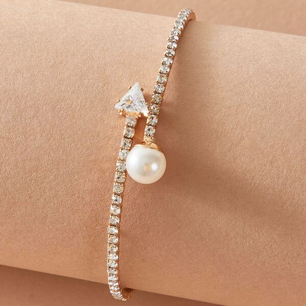 

1pc Faux Pearl Decor Rhinestone Engraved Bracelet, Gold