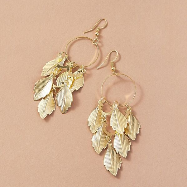 

1pair Ring Decor Leaf Drop Earrings, Gold