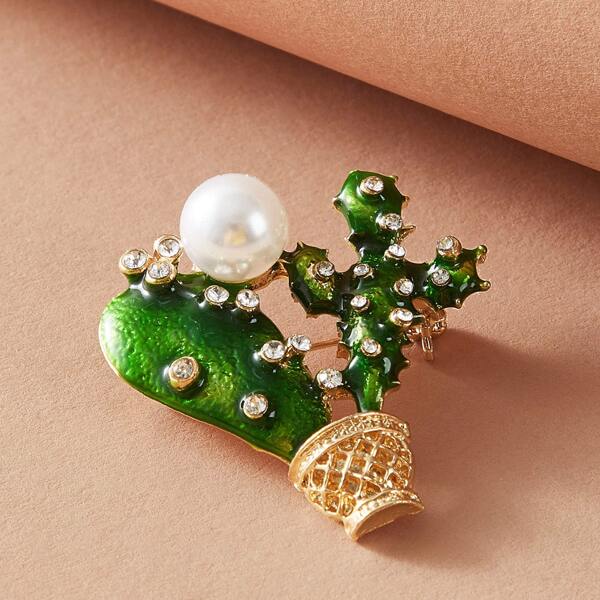 

1pc Faux Pearl Decor Cactus Design Brooch, Multicolor