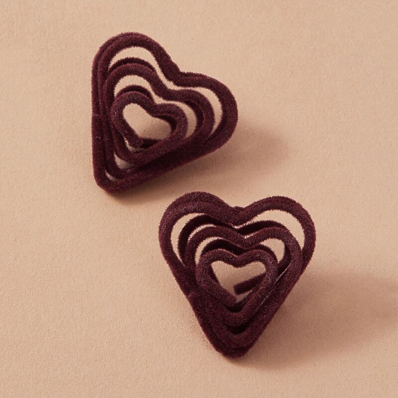 

1pair Fluffy Layered Heart Stud Earrings, Burgundy