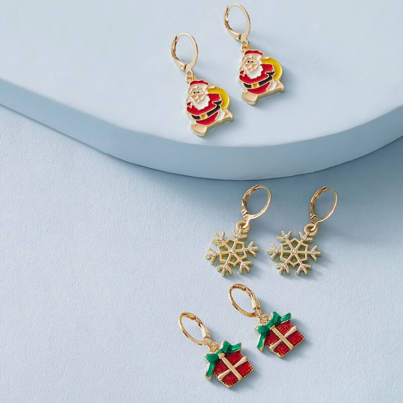 

3pairs Christmas New Year Santa Claus & Gift Drop Earrings, Multicolor