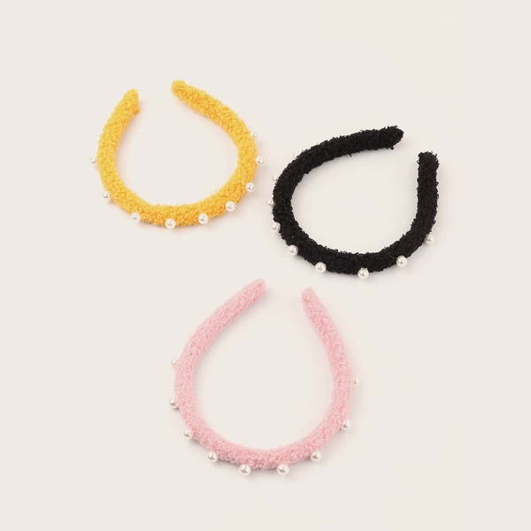 

3pcs Girls Faux Pearl Decor Fluffy Headband, Multicolor