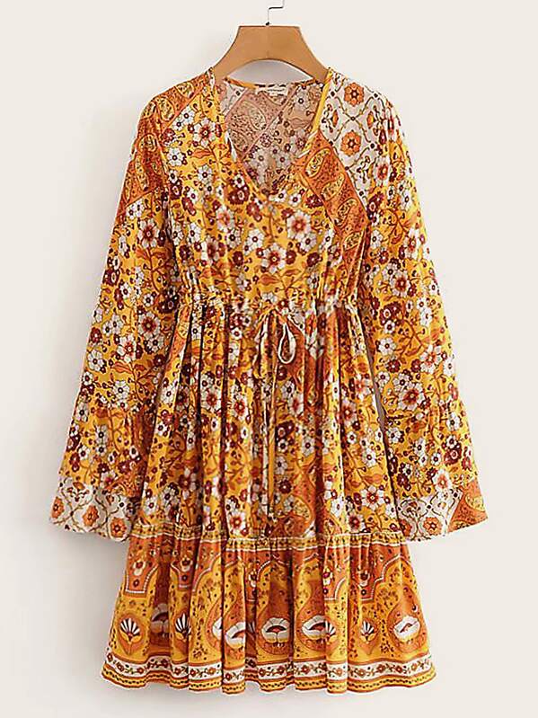 

Ditsy Floral Drawstring Waist Ruffle Hem Dress, Multicolor