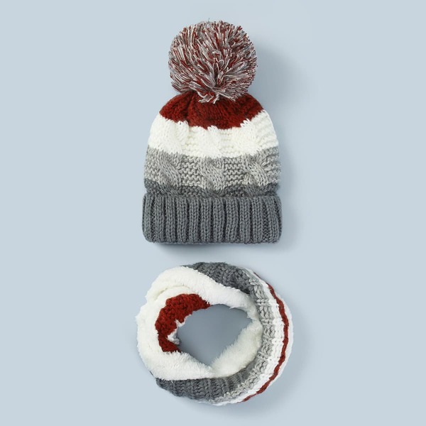 

2pcs Boys Color Block Knit Beanie & Ring Scarf, Multicolor