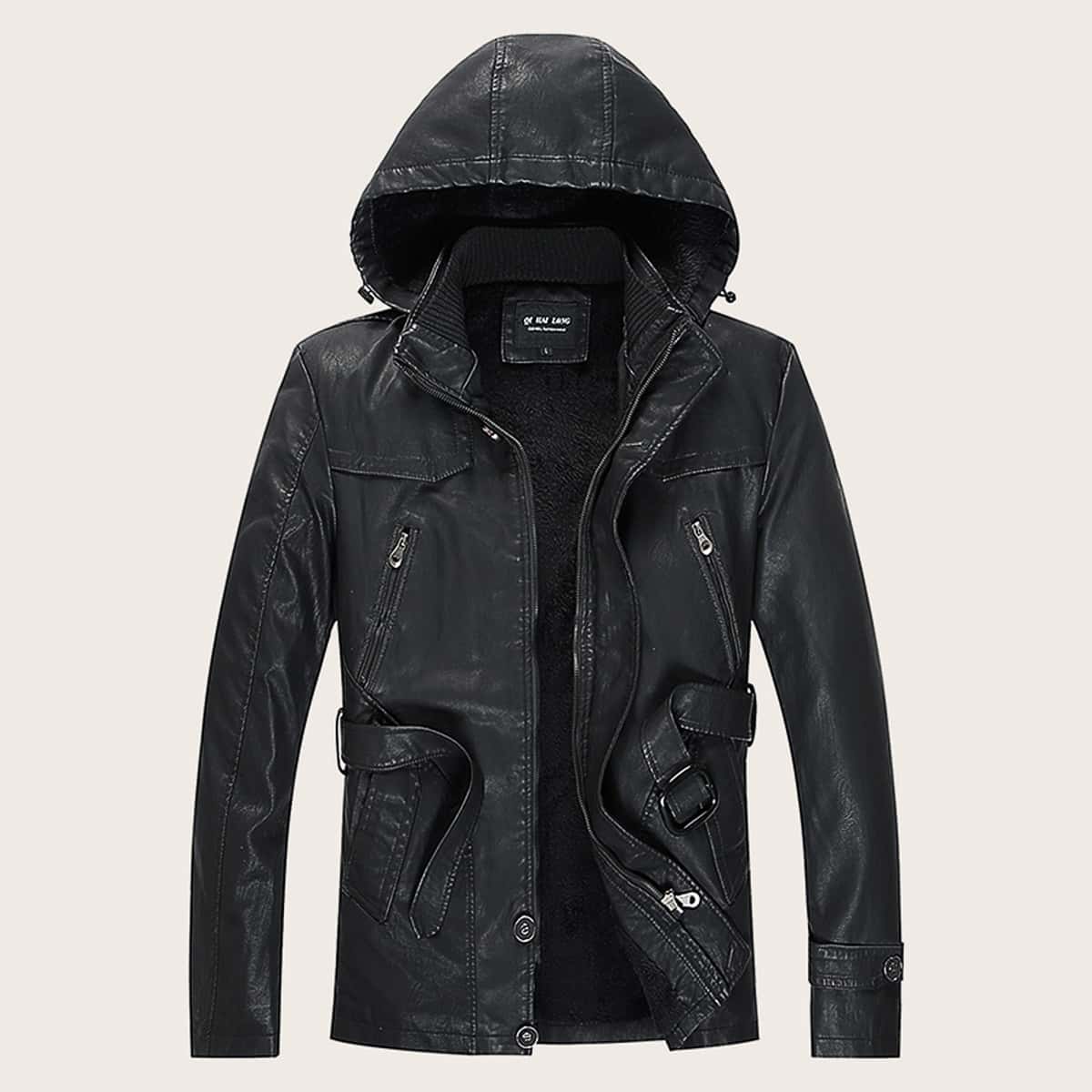 

Guys Solid Belted Pu Leather Jacket, Black