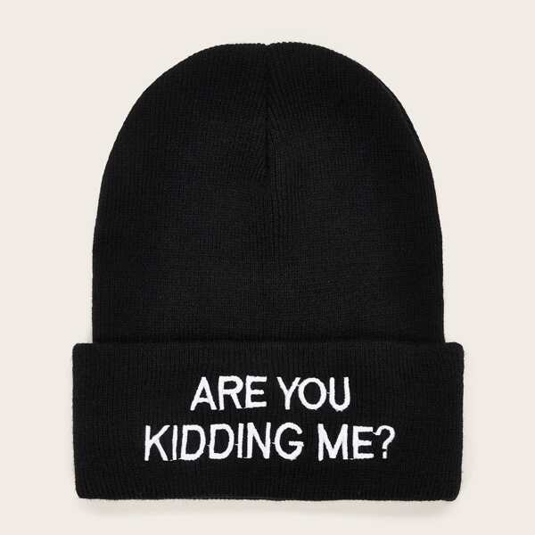 

Slogan Embroidery Cuffed Beanie, Black