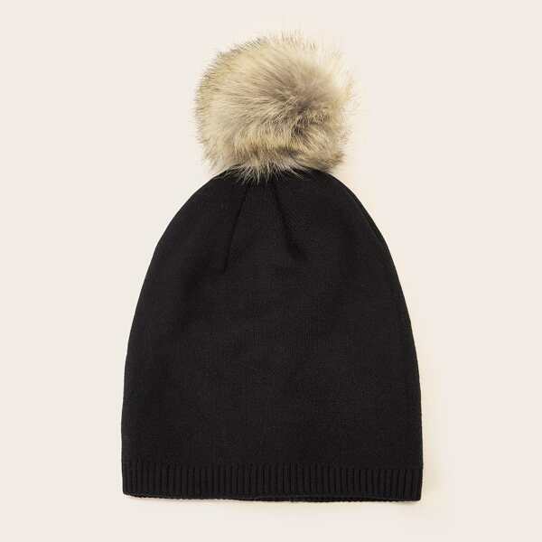 

Pom Pom Decor Knit Beanie, Black