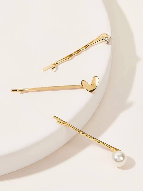 

3pcs Faux Pearl & Rhinestone Decor Bobby Pin, Gold