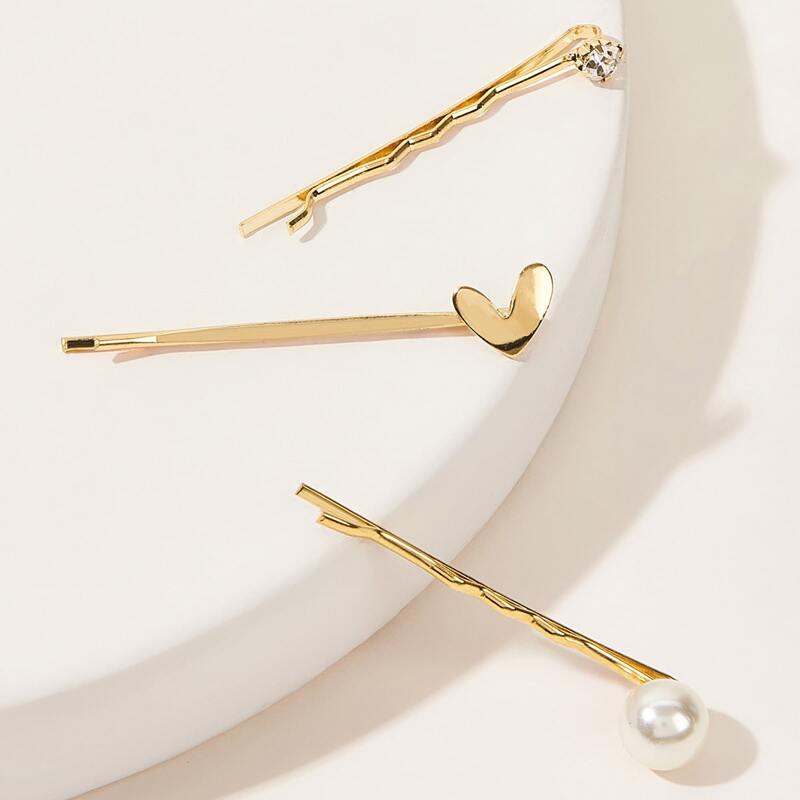 

3pcs Faux Pearl & Rhinestone Decor Bobby Pin, Gold