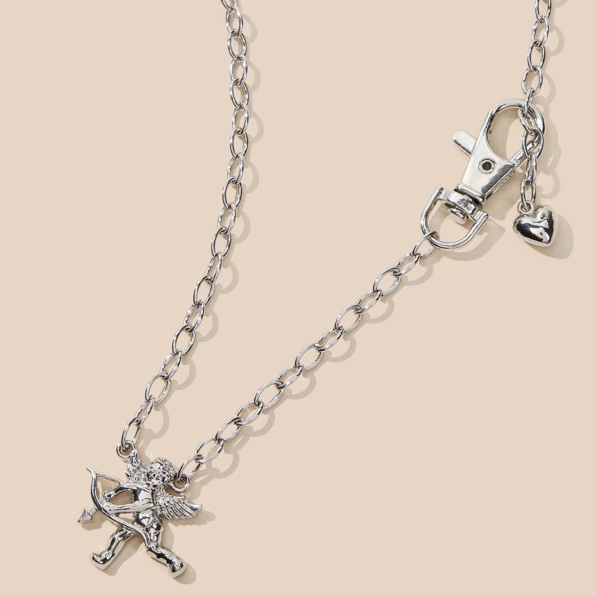 

1pc Angel & Heart Charm Necklace, Silver