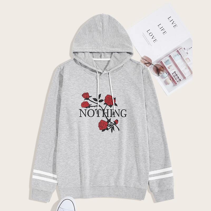 

Guys Rose & Letter Graphic Drawstring Hoodie, Grey