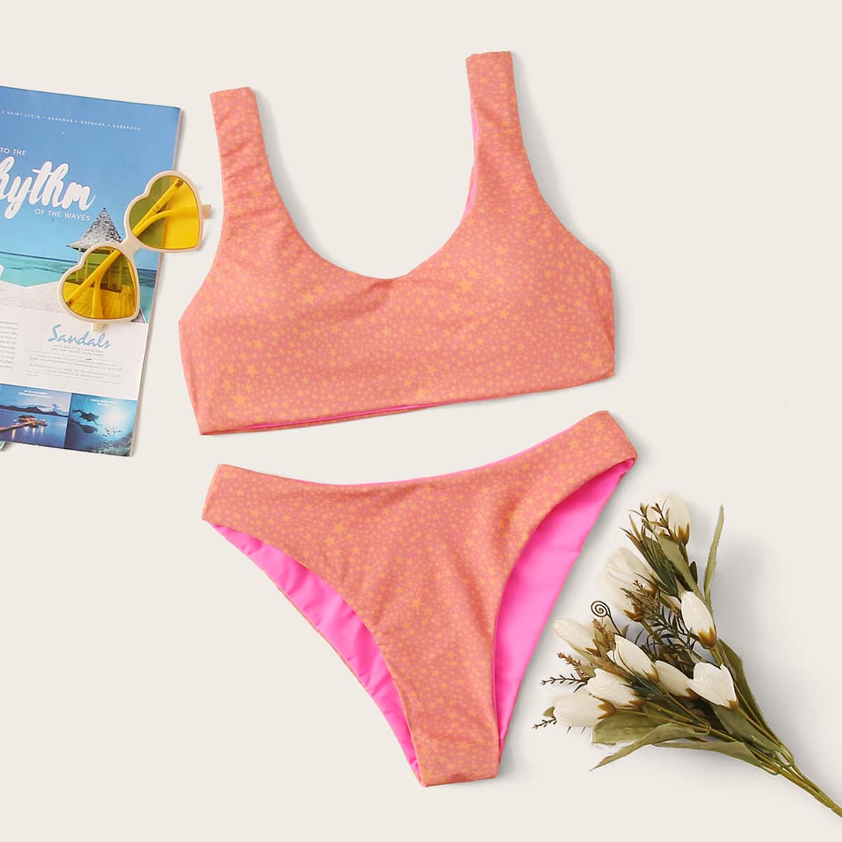 

Allover Star Print Bikini Set, Pink