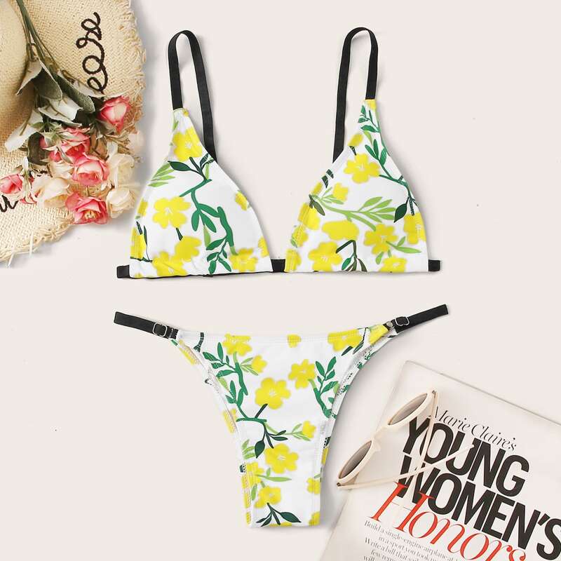 

Floral Print Triangle Bikini Set, Multicolor