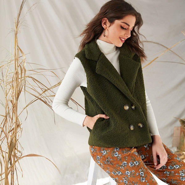 

Solid Double Breasted Teddy Vest Jacket, Army green