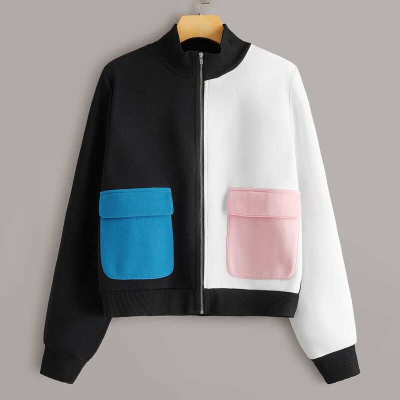 

Color-Block Zip Up Flap Pocket Jacket, Multicolor