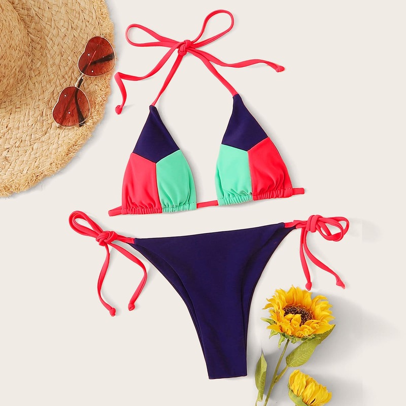 

Color-block Halter Top With Tie Side Bikini Set, Multicolor