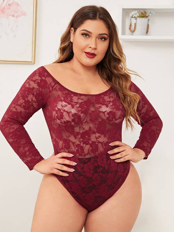 

Plus Floral Lace Long Sleeve Teddy Bodysuit, Burgundy, Carol