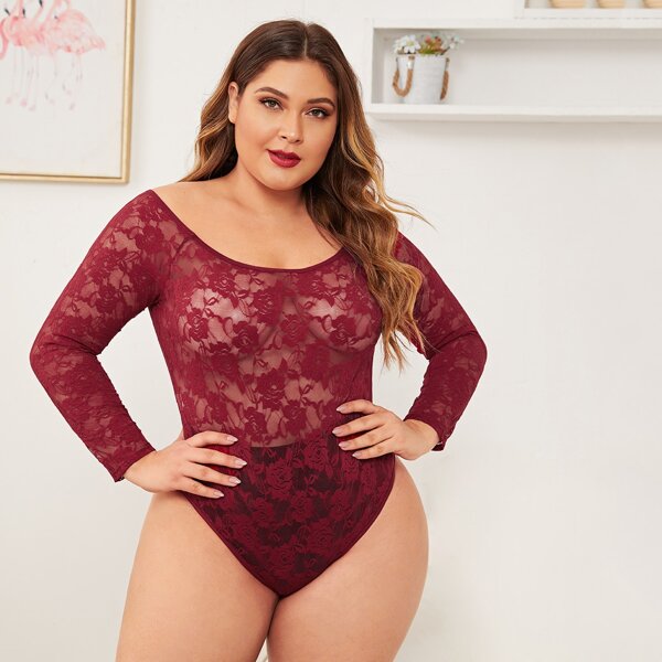 

Plus Floral Lace Long Sleeve Teddy Bodysuit, Burgundy