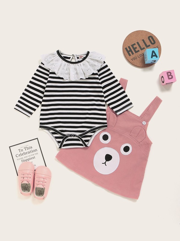 

Baby Girl Contrast Schiffy Striped Romper With Corduroy Overall Dress, Multicolor