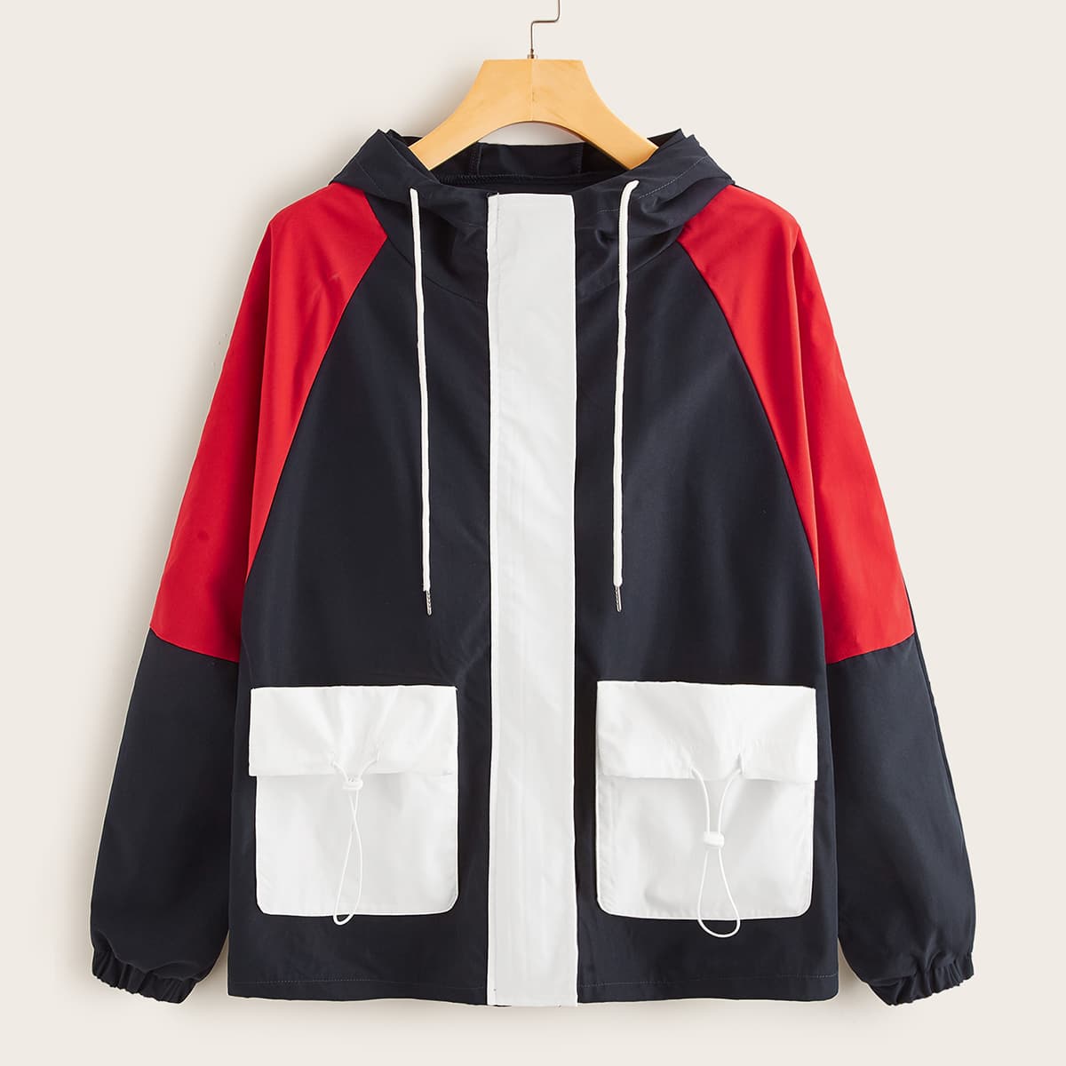 

Colorblock Drawstring Pocket Hooded Windbreaker Jacket, Multicolor