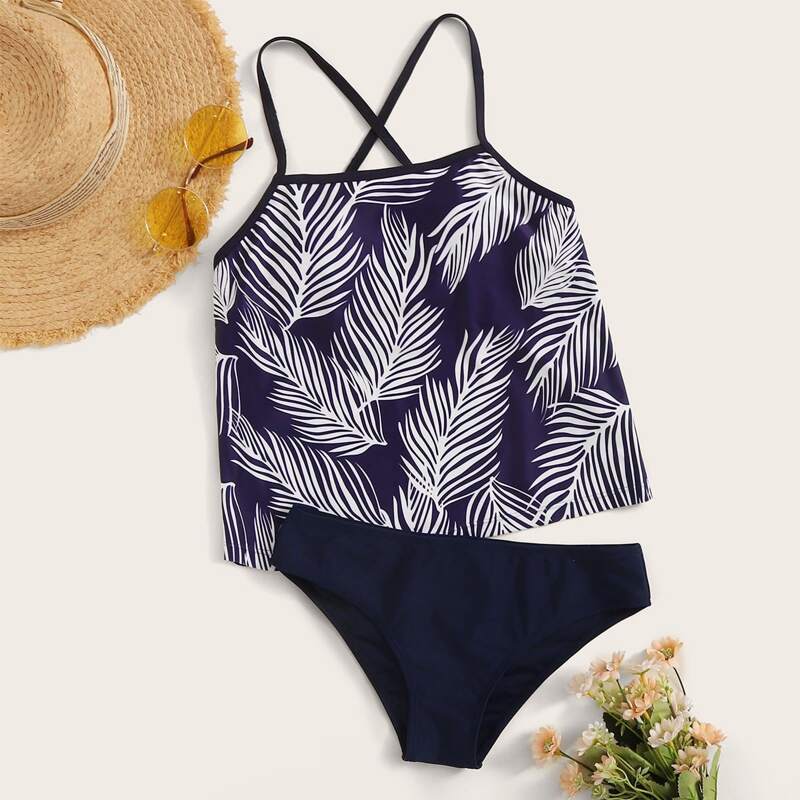 

Palm Random Print Criss Cross Tankini Set, Navy